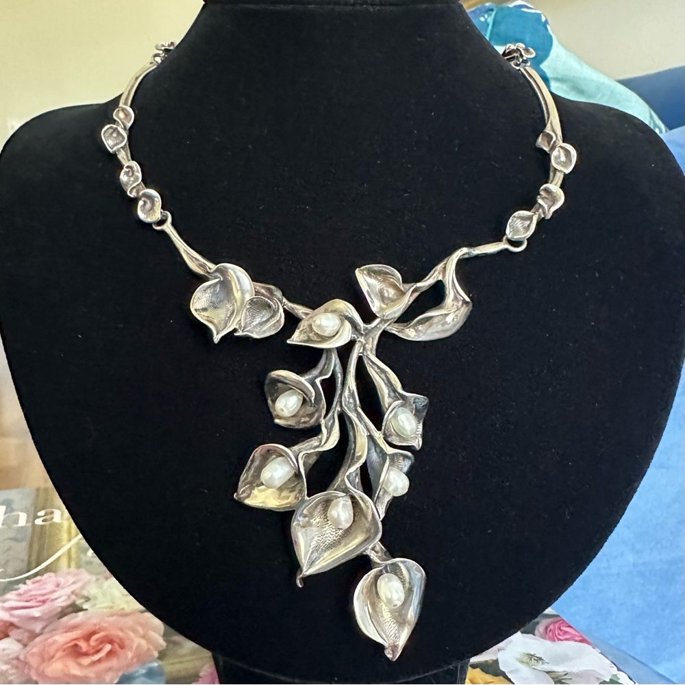 Museum-Quality Huge Artisan Sterling Silver Calla Lily Pearl Statement Necklace